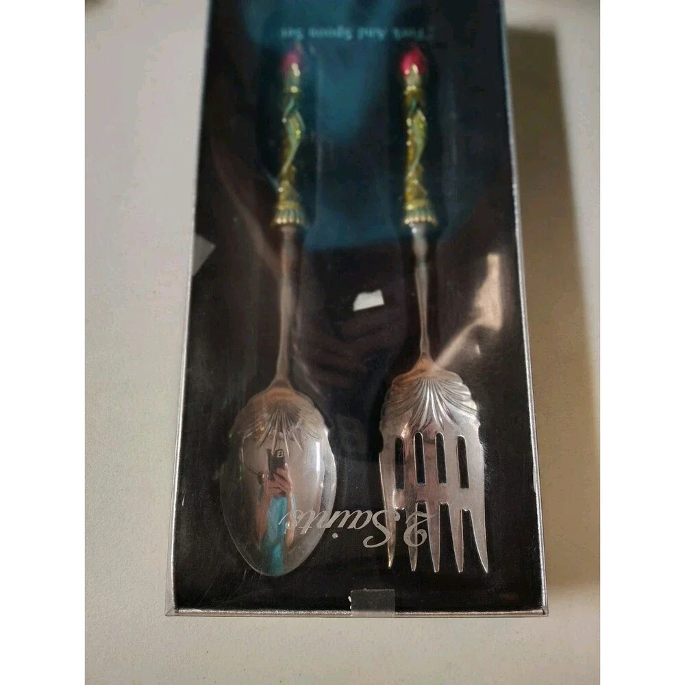 Sainish Ornate Floral Serving Set - Large Fork & Spoon - Jeweled Enamel Handles